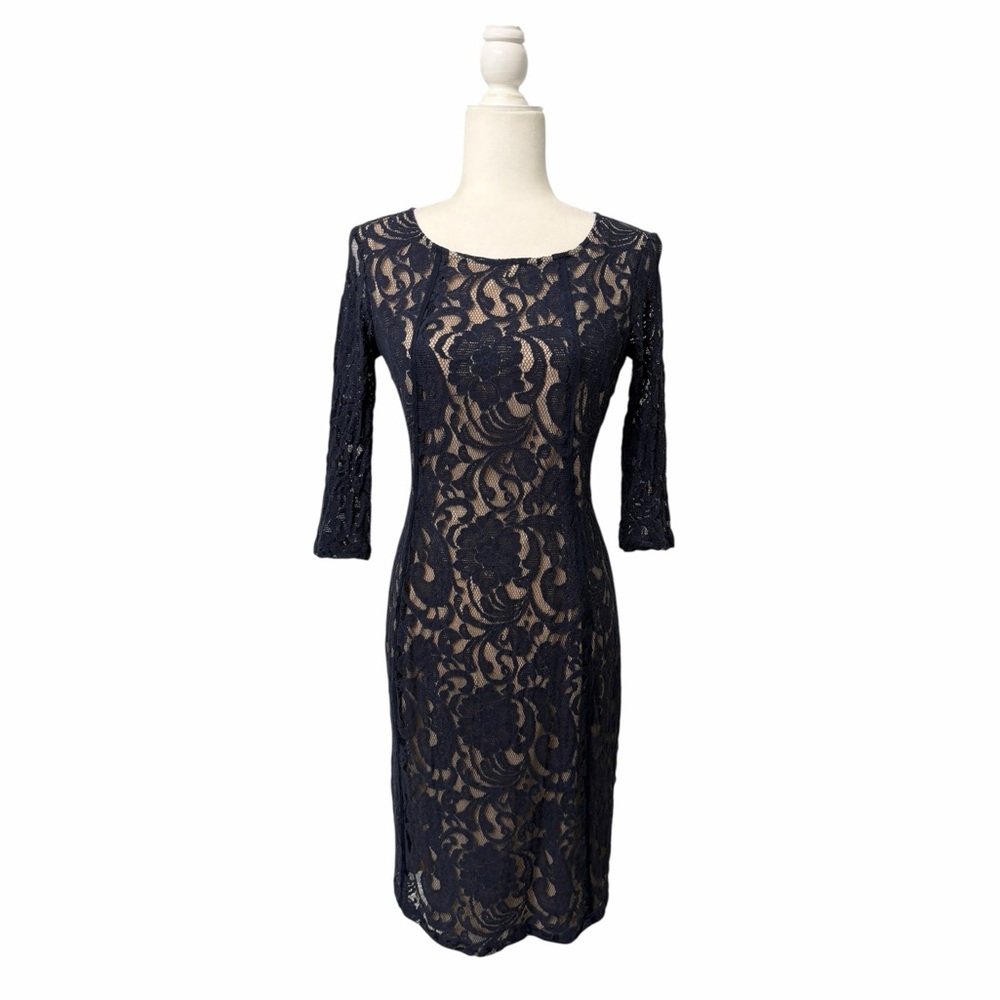 InWear Navy Lace Long-Sleeve Sheath Dress with Nude Underlay - Size 8